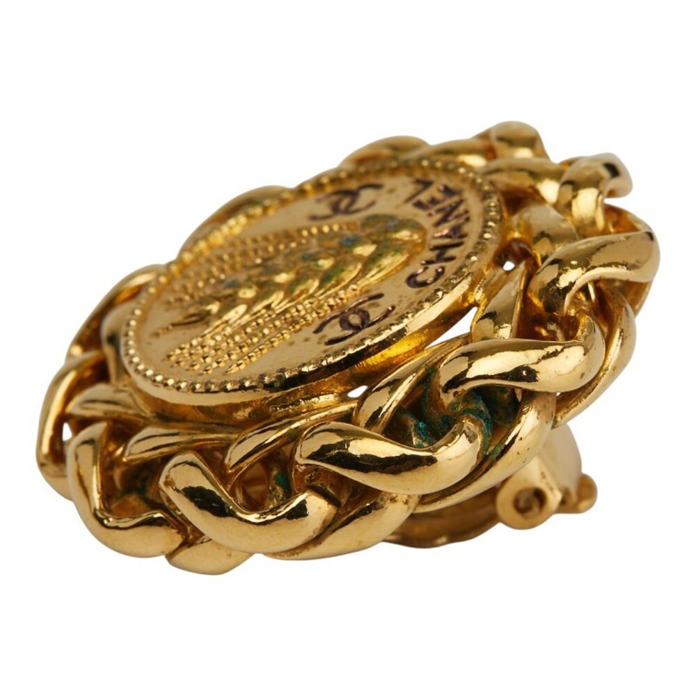 CHANEL Coco Mark Round Wheat and Rice Motif Earrings, Gold Plated, Women's - Picture 5 of 7